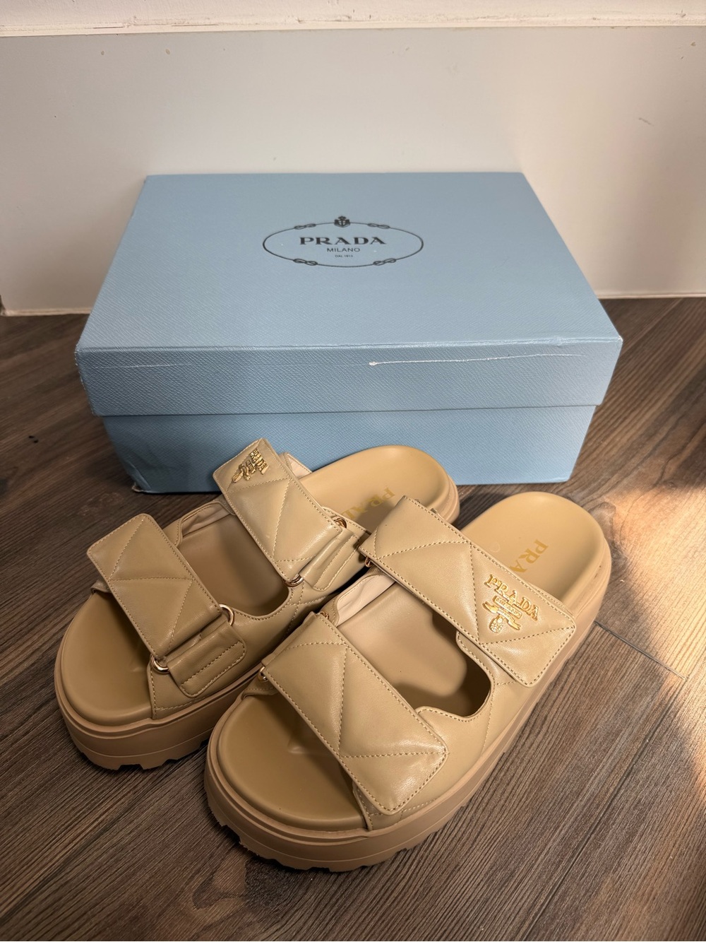 Tan Quilted Double-Strap Sandals